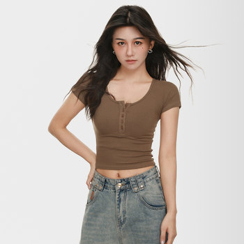 Stylish Short Half-Open Collar Short-Sleeve T-Shirt for Women, Summer Single-Breasted Half-Open Collar Sexy Slim-Fit Tight Top
