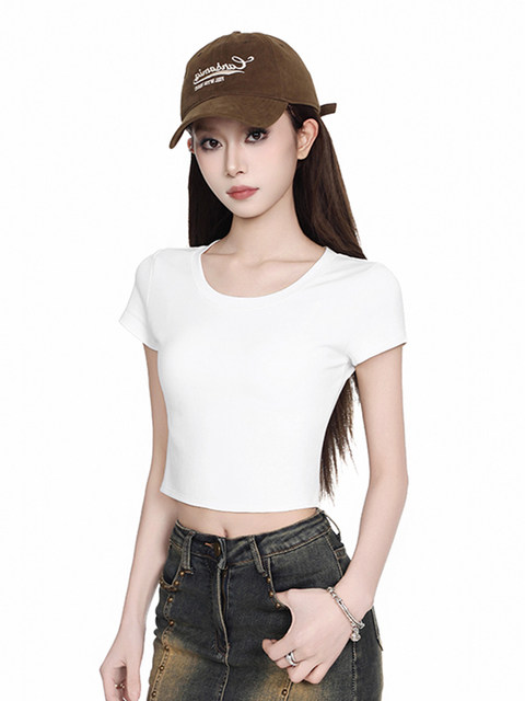 Trendy Short Round-Neck Short-Sleeve T-Shirt for Women, 2025 Summer Korean Style, Versatile Top for Petite Figures