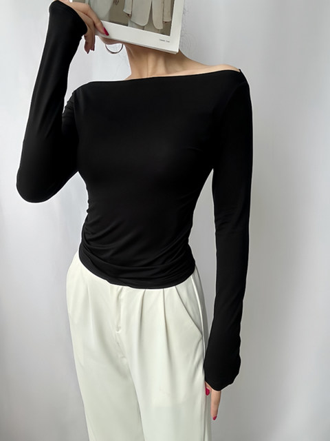 Trendy Off-Shoulder Long-Sleeve Base Shirt T-Shirt for Women, Autumn and Winter Pure Desire Style, American-Style Tight-Fitting Slim-Fit Top