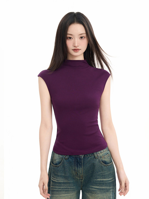 Purple Tight-Fitting Sleeveless Half-High Collar T-Shirt for Women, Summer Design, Niche Style, Slim Fit, Inner Layer, Base Layer, Vest Top