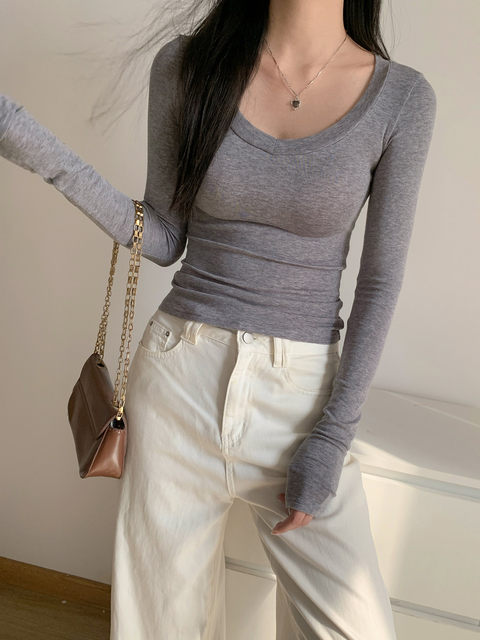 V-Neck Long-Sleeve Top for Autumn and Winter, Pure Desire Style, Lyocell Tencel Slightly Sheer, Elegant Slim-Fit T-Shirt for Women