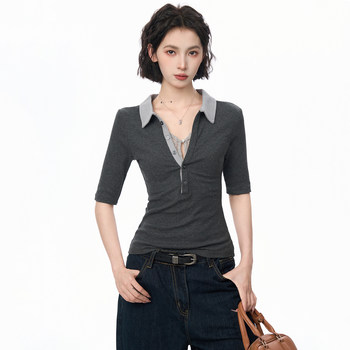 Gray Polo Collar Lace Fake Two-Piece Short-Sleeved T-Shirt for Women, Summer Design with a Unique and Cool Style, Half-Sleeve Top ins