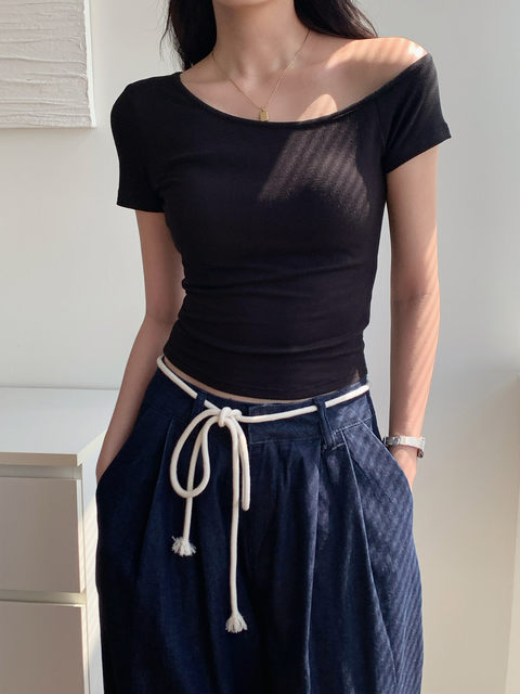 Off-Shoulder, One-Shoulder Neckline, Sexy, Off-The-Shoulder, Short-Sleeved T-Shirt for Women, Summer, Unique, with Chest Pads, Pure Lust Style, Hot Girl Short Top