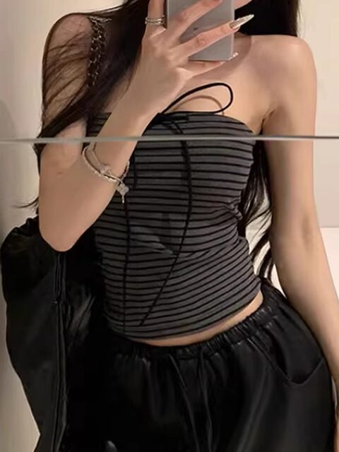 Spicy Girl Halter Neck Tie-Up Tube Top Women's Summer Design Off-Shoulder Tight-Fitting Figure-Flattering Base Shirt Striped Top