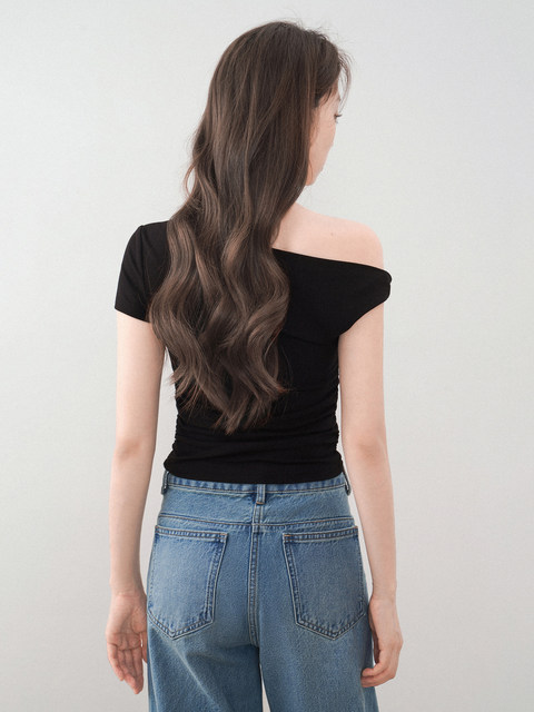 Hot Girl Sexy Short-Sleeved Off-Shoulder Twist T-Shirt Women's Summer Design Asymmetrical Slimming Look Slanted Shoulder Short Top