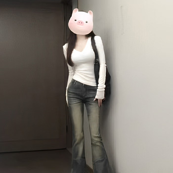 Spicy Girl Style V-Neck Long-Sleeve T-Shirt for Women, Autumn and Winter Slim Fit Niche Inner Wear, Flattering and Trendy Base Shirt Top