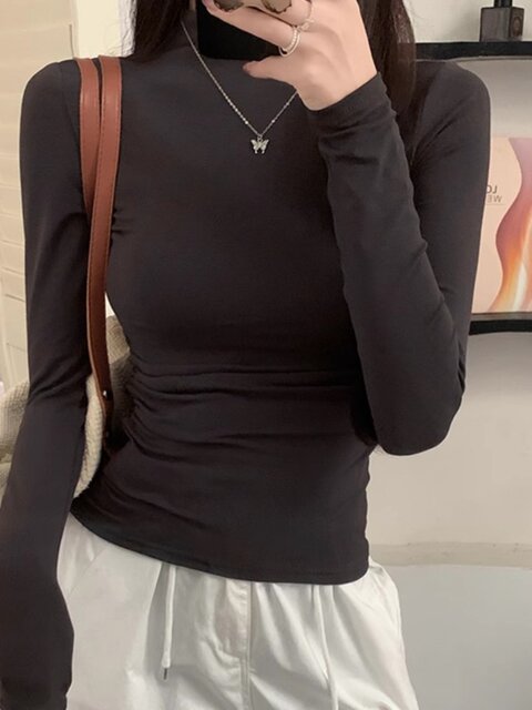 Trendy Half-High Collar Slimming Long-Sleeve Base Shirt for Women, Autumn and Winter, Figure-Flattering, Fitted, Regular Shoulder, Small Stand Collar Inner Top