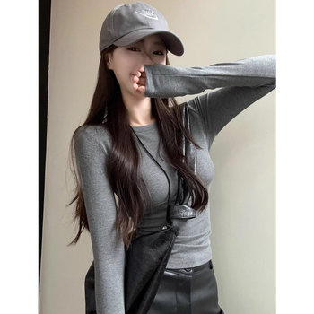 Gray Long-Sleeved Inner Layering T-Shirt for Women, Autumn and Winter 2025 New Style, Thin Fleece, Warm, Slim-Fitting, Simple Top