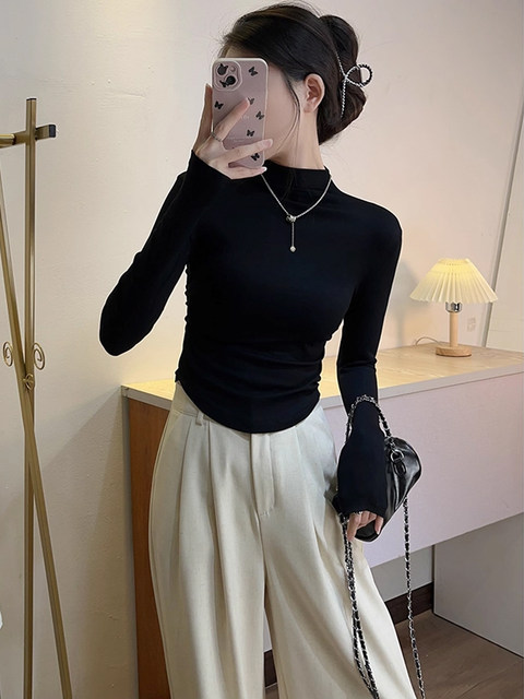 Half-High Collar Pleated Long-Sleeve T-Shirt for Women, New Spring and Autumn Korean Style, U-Shaped Hem, Slim Fit, Short Base Layer Top