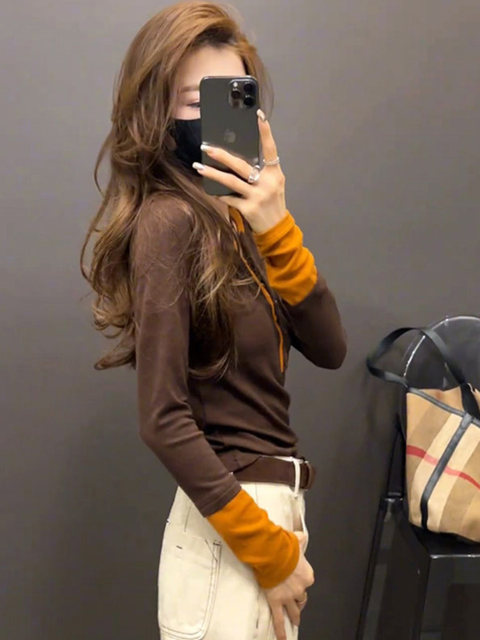 American Retro Color-Block Long-Sleeve Base Shirt for Women, Autumn and Winter Design, Slim Fit, Slimming, Patchwork Fake Two-Piece Top