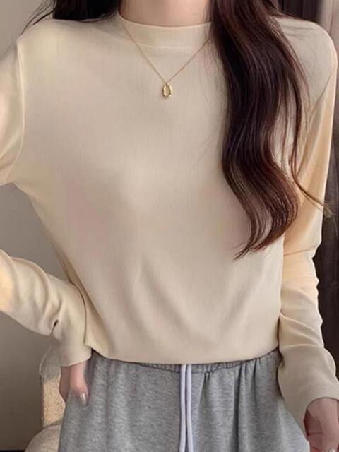 Women's Autumn and Winter Stylish Versatile Base Layer Long-Sleeve T-Shirt with Small Stand-Up Collar, Thin Fleece, Warm Brushed Fabric, Solid Color Top