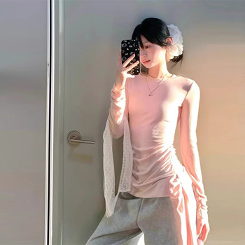 Mid-Length Long-Sleeved Pleated Lace-Up T-Shirt for Women, Spring and Summer, Unique Design, Waist-Cinching Base Shirt Top