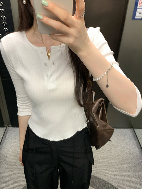 Korean-Style Half-Button Round-Neck Mid-Sleeve T-Shirt for Women, New Summer Design, Slim-Fit, Short-Length Base Shirt Top