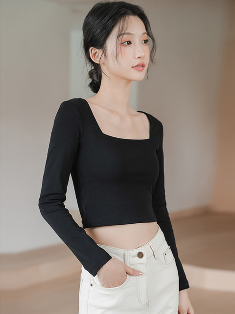 Korean Style Square Neck Long-Sleeve T-Shirt for Women, New Spring and Autumn Model, Waist-Cinching, Slimming, Short, Belly-Baring Base Shirt Top