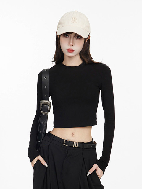 2025 Korean Style New Slim-Fit Long-Sleeve T-Shirt for Women, Winter Short Style, American Style, Slimming, Versatile Inner Layer Top