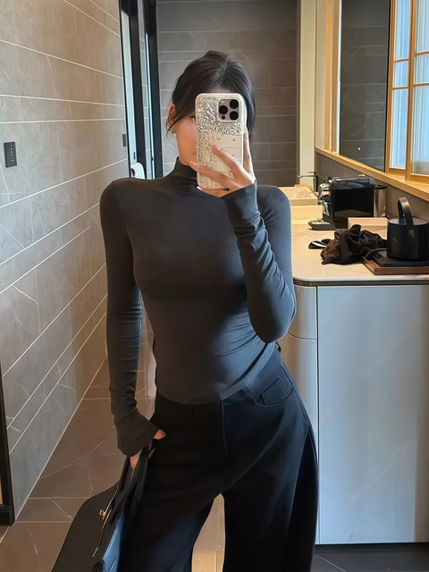 American-Style Spicy Girl Half-High Collar Long-Sleeve Base Shirt for Women, Autumn/Winter 2025 New Slim-Fit Inner T-Shirt Top