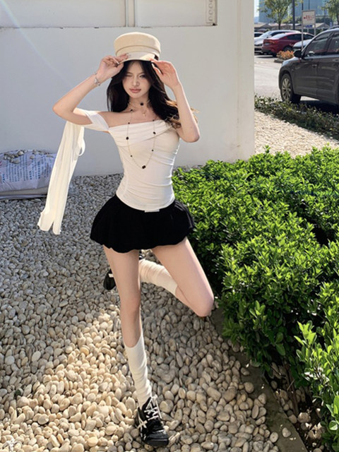 One-Shoulder Strapless T-Shirt for Women 2025 Summer and Autumn Korean Style Pure Desire Hot Girl Comfortable Slim Fit Off-Shoulder Top
