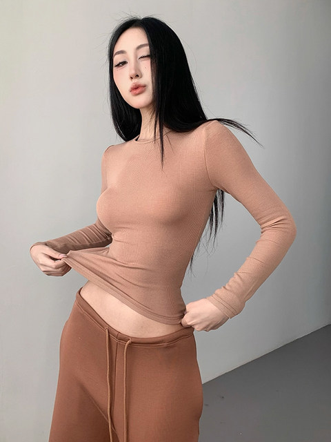 Solid Color Round Neck Long-Sleeve Base Shirt for Women, New Autumn and Winter Style, Brushed Thin Velvet, Warm, Slim-Fitting, Slimming T-Shirt Top
