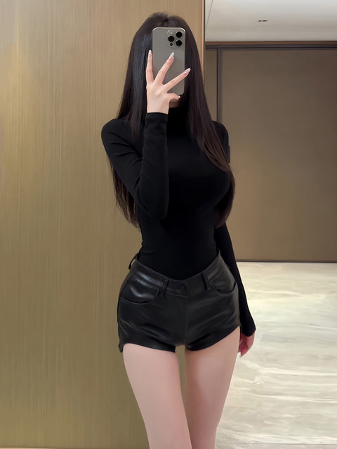 Cool and Spicy Black Half-High Collar Long-Sleeve T-Shirt for Women, Autumn and Winter Slim Fit Hot Girl Style, Slimming Base Layer Top