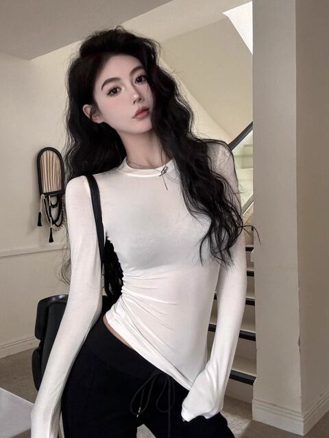 Modal round neck long-sleeved bottoming shirt for women early autumn slim fit thin slightly see-through basic versatile T-shirt top