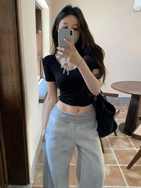 Pure Desire U-Neck Spicy Girl Short-Sleeve T-Shirt for Women, Summer 2025 New Style, Regular Shoulder, High-Waisted, Slimming, Low-Neck, Collarbone-Exposing Short Top