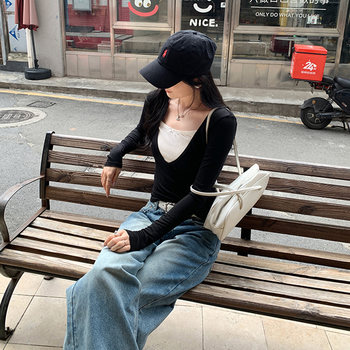 Black Square-Neck Faux Two-Piece Tencel T-Shirt for Women, Autumn and Winter Style, Slim-Fit, Color-Blocking, Long-Sleeve Base Layer Top