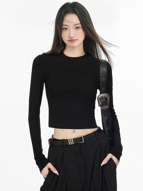 2025 Korean Style New Slim-Fit Long-Sleeve T-Shirt for Women, Summer and Autumn Short Style for Petite Figures, Basic Versatile Base Shirt Top