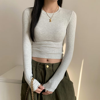 Ribbed Slim-Fit Long-Sleeve T-Shirt for Women, Autumn and Winter Tight-Fitting Base Layer, Basic Short Top