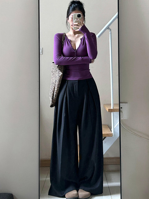 Purely Alluring Purple Half-Open Collar Long-Sleeve T-Shirt for Women, Autumn and Winter, High-End, Tight-Fitting, Sexy V-Neck Inner Layer Top