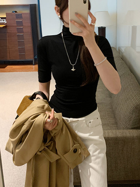 American-Style Half-High Collar Mid-Sleeve T-Shirt for Women, Autumn 2025 New Style, Figure-Flattering, Slim-Fit, Sexy Five-Quarter Sleeve Top