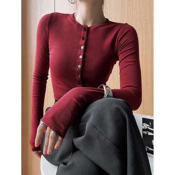 American-Style Spicy Girl Half-Open Collar Long-Sleeve Base Shirt for Women, Autumn and Winter Design, Niche Tight-Fitting Inner Wear with V-Neck and Button-Up Top