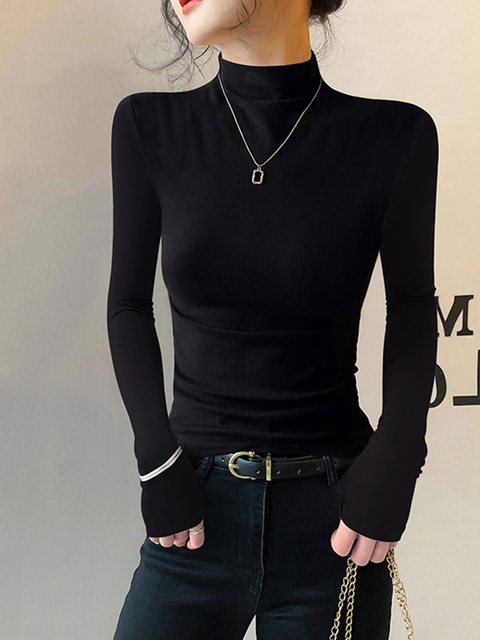 American-Style Half-High Collar Base Layer T-Shirt for Women, Suitable for Autumn and Winter, with a Stylish Design, Tight-Fitting, Slimming, Long-Sleeved, Fashionable Top