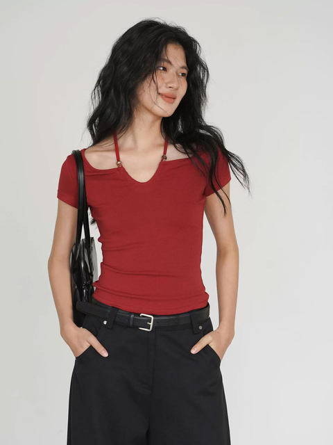 Red Halter Neck Short-Sleeved T-Shirt for Women 2025 Summer New Design Niche Spicy Girl Off-Shoulder Short Top