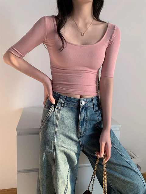 Large U-Neck Five-Quarter Sleeve Solid Color Top for Women, Summer 2025 New Popular Style, Unique Slim-Fit Tight Inner Wear Mid-Sleeve T-Shirt