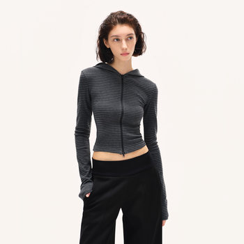 American-Style Spicy Girl Slim-Fit Striped Hooded Sweatshirt Jacket for Women, Autumn and Winter Minimalist Style, Slimming, Regular Shoulder, Short, Fitted Hoodie