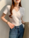 European White Lace V Neck Right Shoulder Short-Sleeved T-Shirt for Women Summer New Korean Style Unique Cut Out Pattern Top