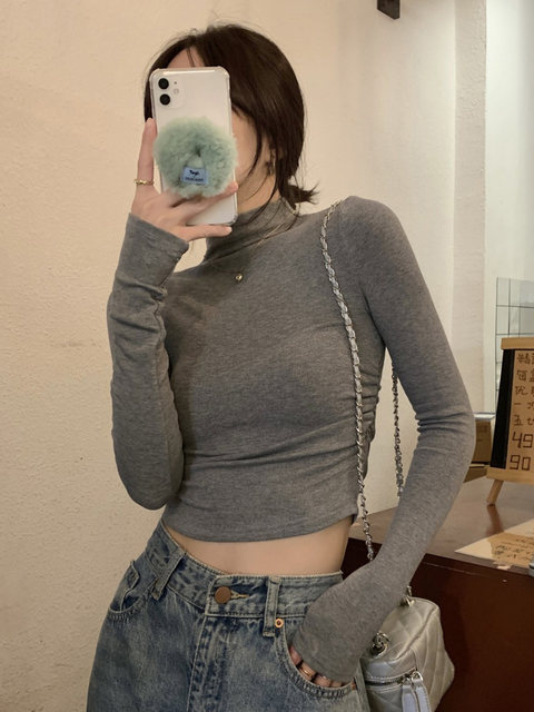 Gray Half-Turtleneck Long-Sleeve T-Shirt for Women, Autumn and Winter American Style, Slim-Fit Short Base Shirt with a High-End Feel, Inner Layer Top