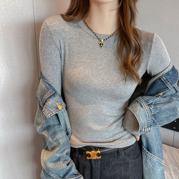 Solid Color Round Neck Long-Sleeve T-Shirt for Women, Autumn and Winter Base Layer, Slim Fit, Basic Versatile Top for Outerwear