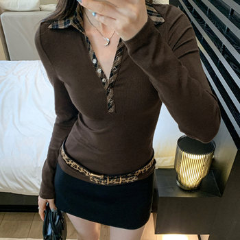 Fake Two-Piece Spliced Long-Sleeve Inner T-Shirt for Women, Autumn and Winter Design, Niche Style, Can Be Worn Alone, Slimming Polo Collar Base Shirt