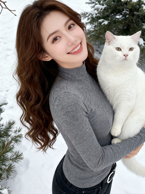 Gray Half-Turtleneck Long-Sleeve Inner Top for Women, Perfect for Autumn and Winter, Extremely Beautiful and Flattering, Slim-Fit Base Layer T-Shirt