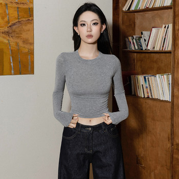 American-Style Spicy Girl Long-Sleeve T-Shirt for Women, Early Autumn Round Neck Slim-Fit Simple High-Waisted Short Inner Layer Base Shirt Top