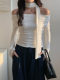Off-The-Shoulder T-Shirt with Detachable Ribbon, One-Shoulder Design, Women's Autumn and Winter New Style, Stylish and Elegant Top