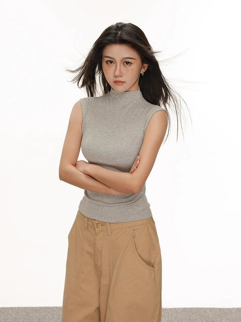 Tight-Fitting Sleeveless Half-High Collar T-Shirt for Women, Summer 2025 New Style, Stylish, Slim-Fitting, Inner Layer, Base Layer, Vest Top