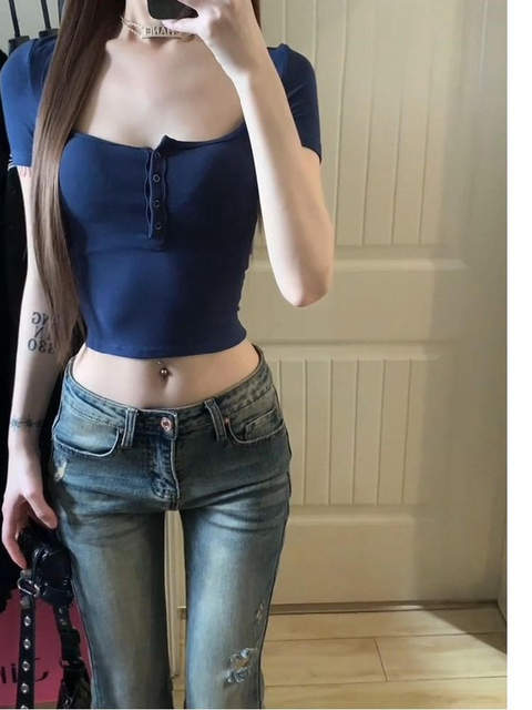 Sexy Tight-Fitting Hot Girl Square-Neck Short-Sleeved T-Shirt for Women Summer 2025 New Design High-Waisted Slimming Short Top