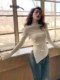 White Half-High Collar Knitted Base Shirt for Women, Suitable for Spring, Autumn, and Winter, Super Stylish with Irregular Hem, Slit, and Ruched Design