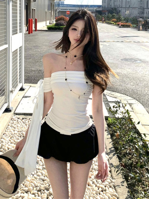 One-Shoulder Strapless T-Shirt for Women 2025 Summer and Autumn Korean Style Pure Desire Hot Girl Comfortable Slim Fit Off-Shoulder Top