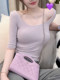 Pure Desire to Show Off Figure, Mid-Sleeve Light Purple T-Shirt for Women, Summer Tight-Fitting Five-Quarter Sleeve, Sweet and Spicy, Slimming U-Neck Base Shirt Top