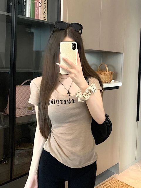 Lyocell Tencel Short-Sleeve T-Shirt for Women, Summer Sexy Hot Girl Slightly Sheer Printed V-Neck Waist-Cinching Slimming Blouse Top Trendy