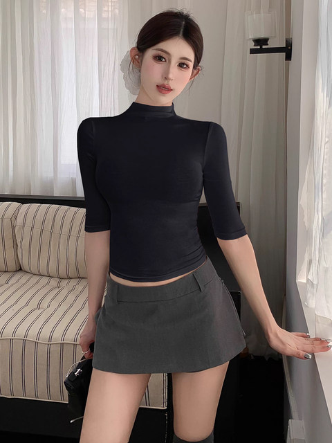 Trendy Half-High Collar Mid-Sleeve T-Shirt for Women, Summer Pure and Sexy Style, Slim Fit, Short Base Layer Top