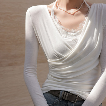 White Semi-Sheer Long-Sleeve Sun Protection Blouse for Women, Summer 2025 New Fashion, Age-Reducing Cross-Neck Layered T-Shirt Top